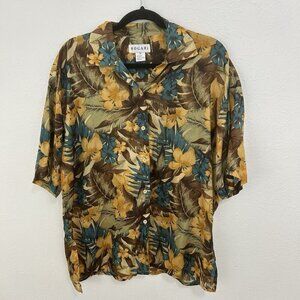 Vtg 90s Golden Yellow Colorful‎ Floral Silk Bold Tropical Shirt Top Side Slits M